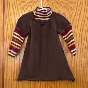 Girls Brown Knit Dress with Colorful Striped Sleeves